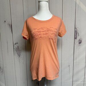 North Face Woman's Slim Fit Orange T-shirt with Mountain Graphic, Size M, EUC